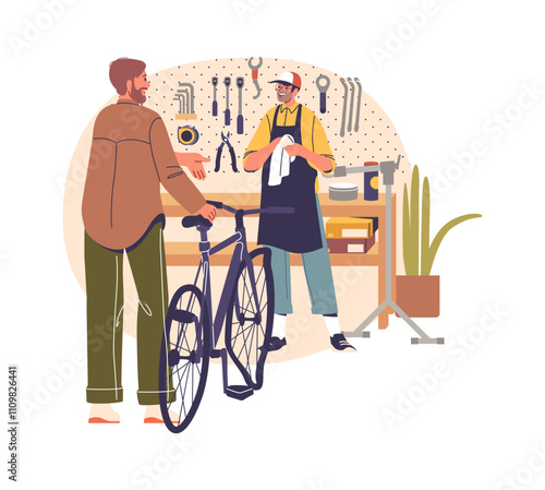 Sad bicyclist bringing bicycle with broken wheels to repair workshop garage vector illustration
