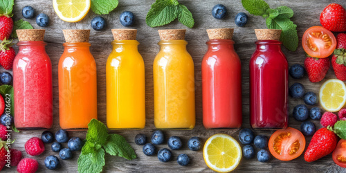 Colorful fruit juices in bottles with fresh fruits and mint leaves.