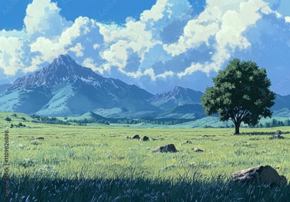 Anime-style wide grassland with hills, a tree and rocks, scattered trees, and tall mountains in the distance, under a blue sky with white clouds. Anime-style wide grassland with hills, a tree and rocks, scattered trees, and tall mountains in the distance, under a blue sky with white clouds.