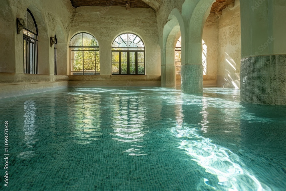 Fototapeta premium Sunlight illuminating tranquil thermal baths in ancient building