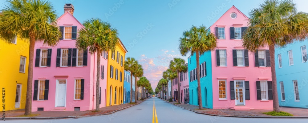 Naklejka premium Charming pastel houses lining a tranquil street with palm trees at dusk