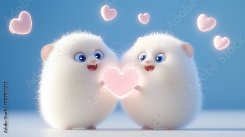 Adorable fluffy creatures sharing heart-shaped love in cute cartoon style
