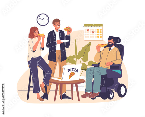 Diverse coworkers people characters showcasing resilience to inclusive colleague in wheelchair