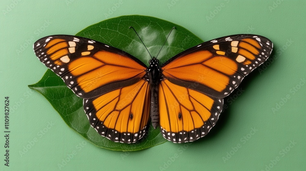 Obraz premium Vibrant monarch butterfly resting on a leaf with green background