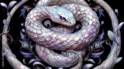 Iridescent snake coiled with pearlescent scales and gem details in fantasy art photo