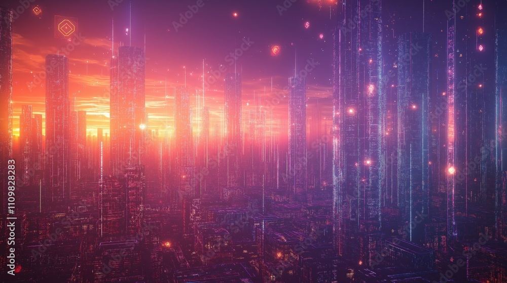 Futuristic neon cityscape at sunset with glowing skyscrapers Futuristic neon cityscape at sunset with glowing skyscrapers