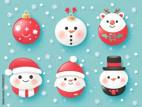 Digital illustration-style Christmas sticker pack with rounded, glossy characters, sparkling ornaments, and playful holiday scenes photo