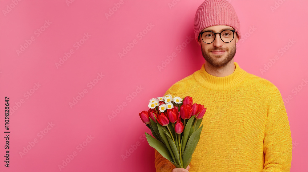 Man in yellow sweater holding bouquet of tulips and daisies against pink background Man in yellow sweater holding bouquet of tulips and daisies against pink background