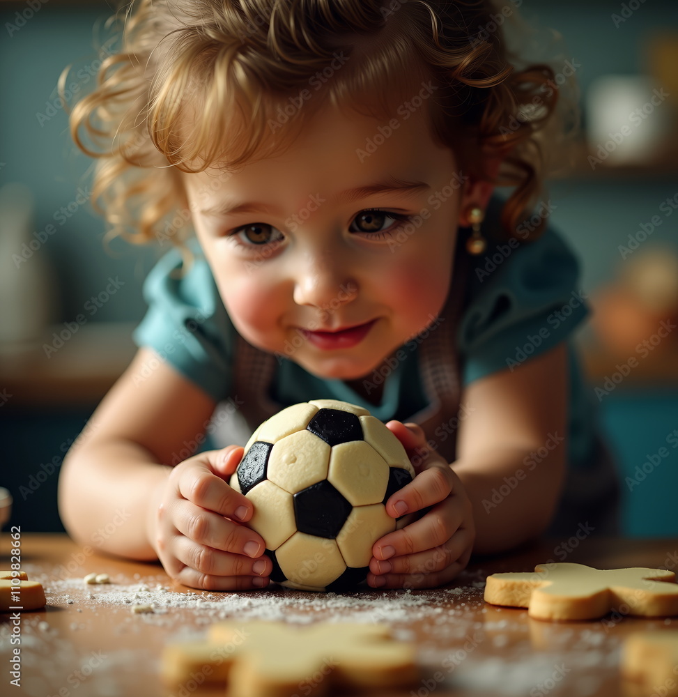 Smiling child holding soccer ball cookie on kitchen table Smiling child holding soccer ball cookie on kitchen table