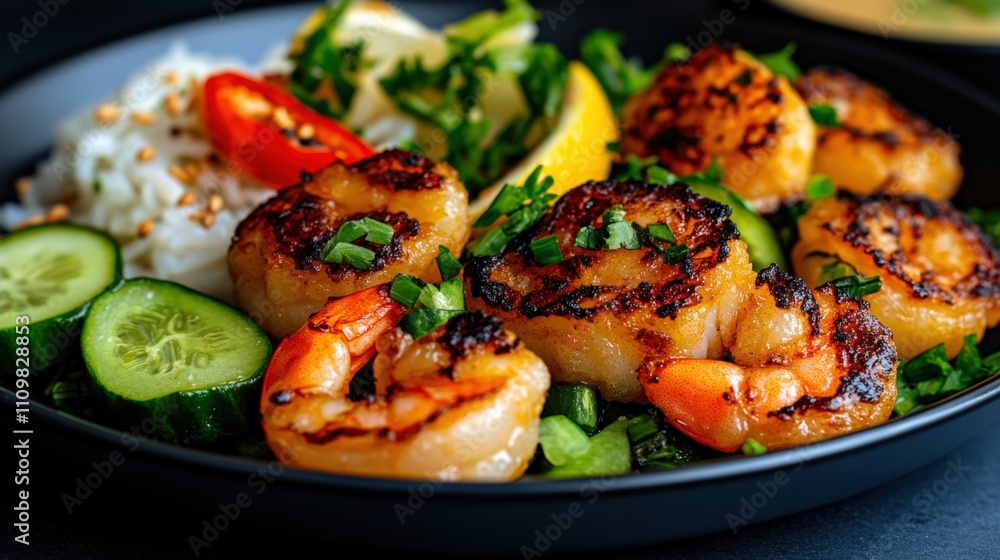 Grilled shrimp with vegetables and rice on a black plate: a vibrant gourmet delight Grilled shrimp with vegetables and rice on a black plate: a vibrant gourmet delight