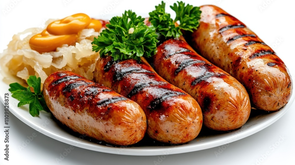 Grilled sausages with mustard and sauerkraut on white plate Grilled sausages with mustard and sauerkraut on white plate