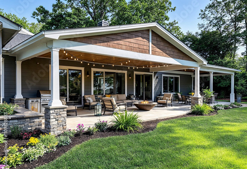 Modern backyard patio with comfortable seating and lush landscaping created for relaxation and entertaining in a sunny outdoor space