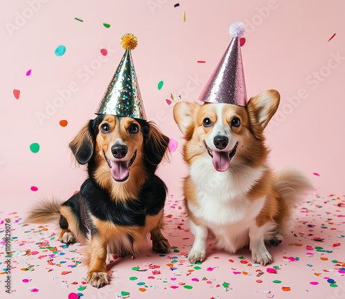 A dachshund and corgi wearing party hats, surrounded by confetti on the floor, set against a pink background, radiating a happy mood in a professional photography style. photo