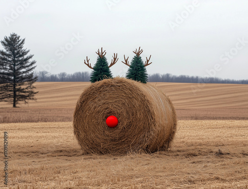 A large bale of hay with two green Christmas trees shaped like antlers and a red nose stands alone in an empty field, with a tall tree in the background.Minimal creative Christmas holiday concept.Copy photo