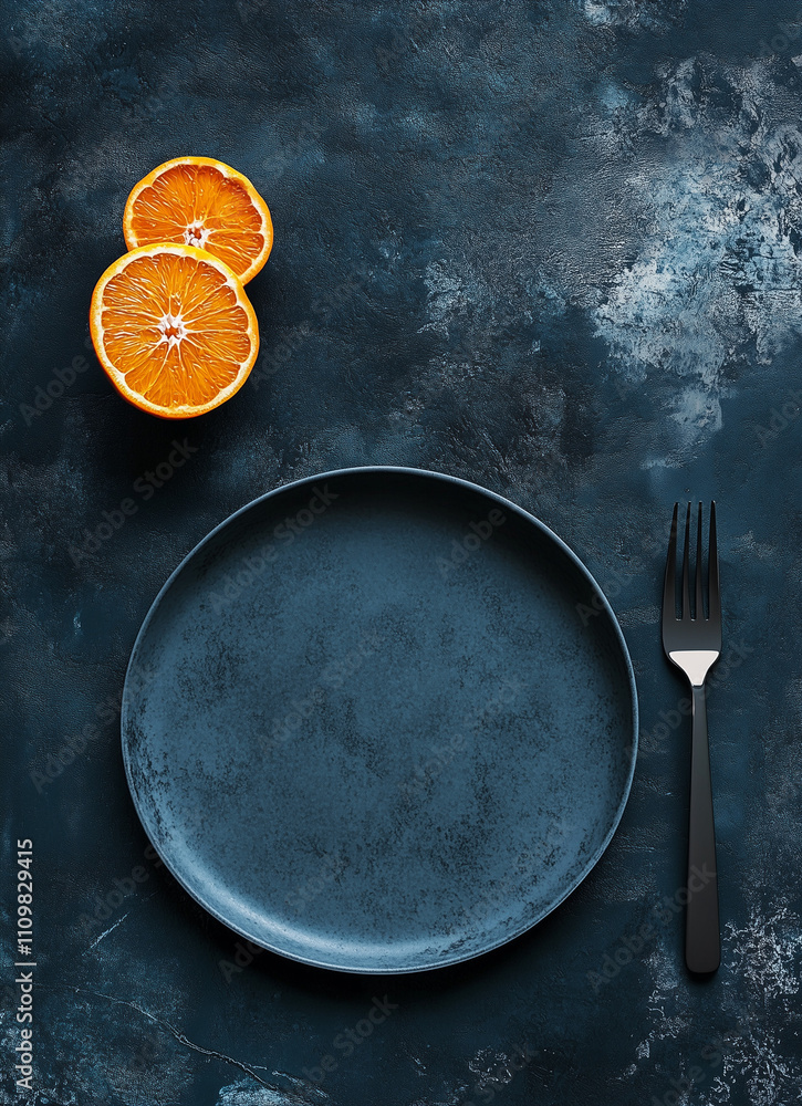 Cut oranges on a black plate with a fork and knife against a dark blue background.Minimal creative food concept.Copy space,flat lay Cut oranges on a black plate with a fork and knife against a dark blue background.Minimal creative food concept.Copy space,flat lay