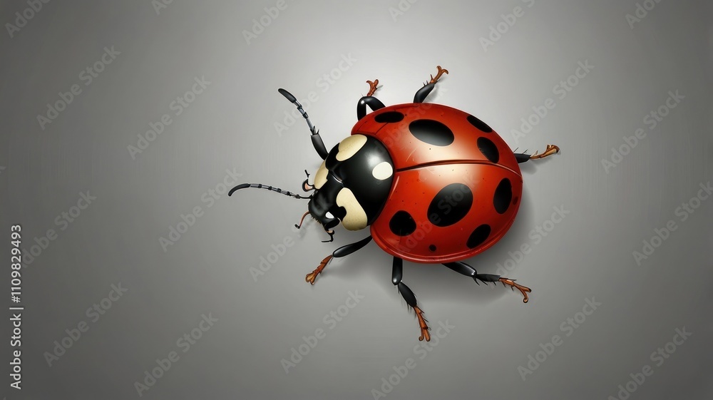 Red ladybug with black spots on grey background.