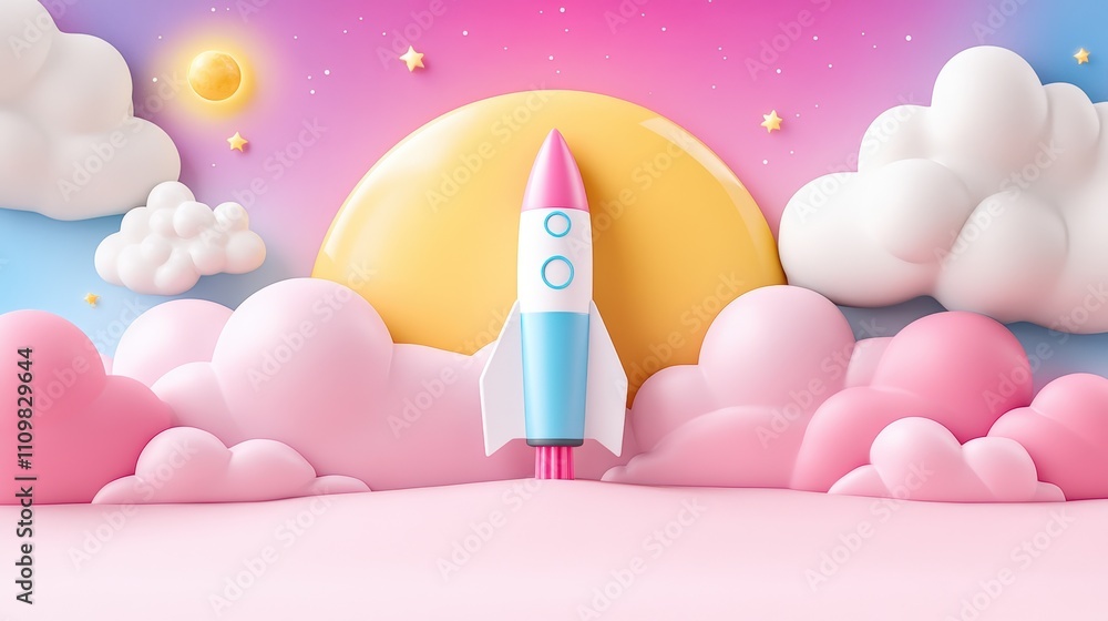 Vibrant rocket launching into a colorful fantasy sky with clouds and stars Vibrant rocket launching into a colorful fantasy sky with clouds and stars