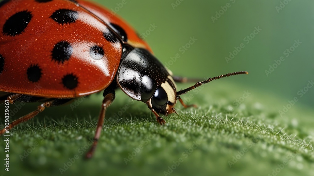 Fototapeta premium Close-up of ladybug on green leaf.