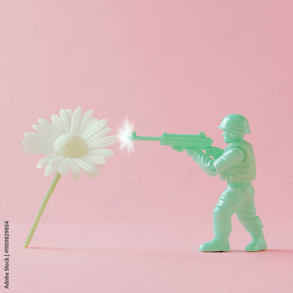 A pastel green plastic toy soldier shooting white daisies from his gun, set against a pink background in a minimalistic style. A pastel green plastic toy soldier shooting white daisies from his gun, set against a pink background in a minimalistic style.