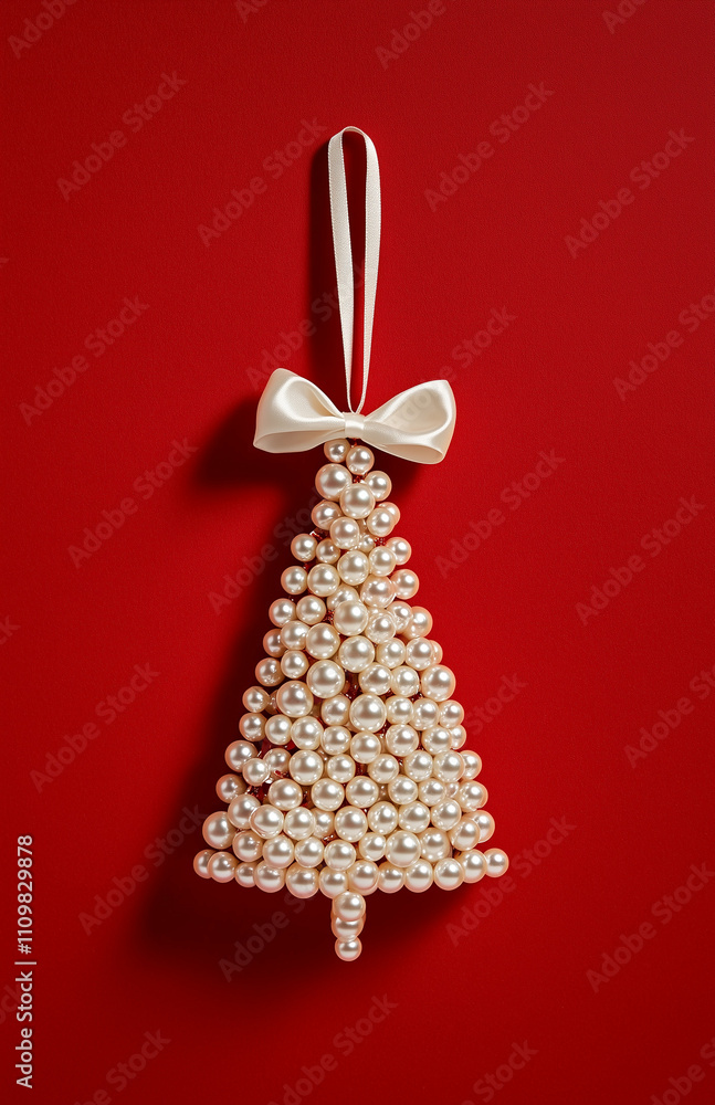 A stylish and elegant white pearl Christmas tree decoration in the shape of an ornament with a bow, set against a red background, decorated with pearls.Minimal creative holiday concept.copy space,flat A stylish and elegant white pearl Christmas tree decoration in the shape of an ornament with a bow, set against a red background, decorated with pearls.Minimal creative holiday concept.copy space,flat