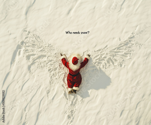 Santa is making a sand angel  with the words "Who needs snow?"Minimal creative Christmas holiday concet.Copy space,flat lay 