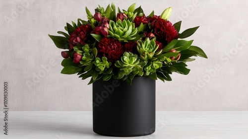 Elegant floral bouquet with red peonies and green succulents in black vase photo