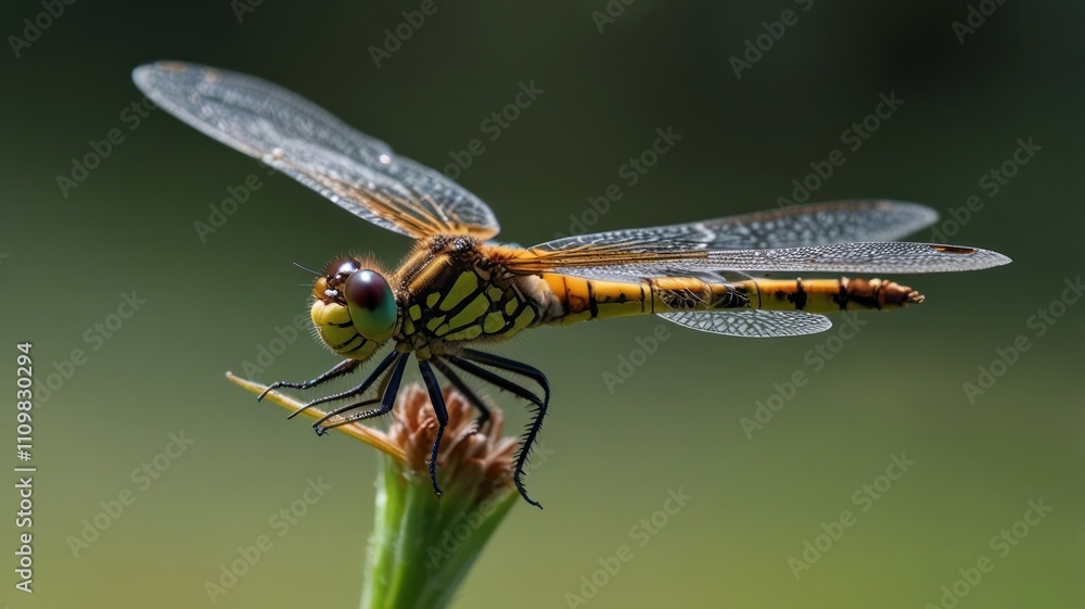 Close-up of a dragonfly perched on a flower. Close-up of a dragonfly perched on a flower.