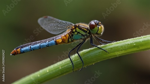 Vibrant dragonfly perched on a green stem.