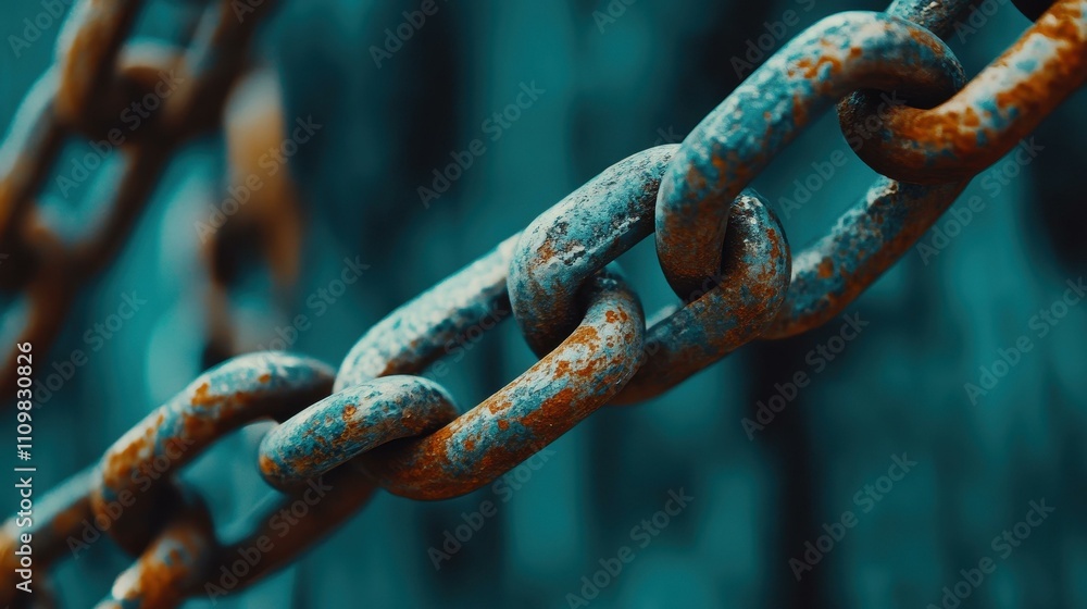 Explore the intricate details of a rusty metal surface adorned with rugged chain links against a softly blurred backdrop. Explore the intricate details of a rusty metal surface adorned with rugged chain links against a softly blurred backdrop.