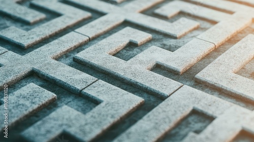 Intricate maze design with a concrete texture, showcasing complex pathways against a blurred backdrop.