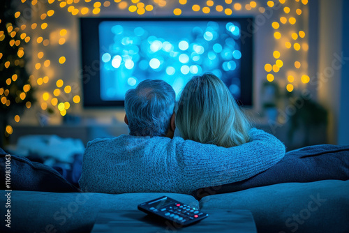 Senior couple watching TV with festive lights and cozy ambiance photo