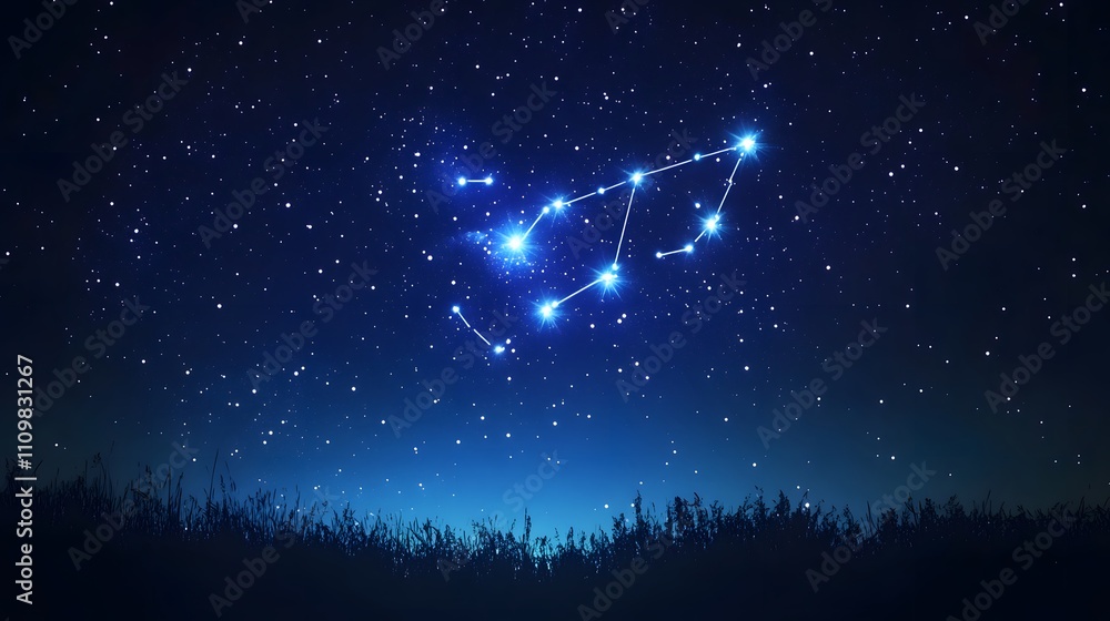 Libra Constellation Shining Brightly Above Grassland At Night Libra Constellation Shining Brightly Above Grassland At Night