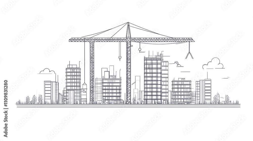 Obraz premium Construction Crane Over Modern City Skyline Under Development