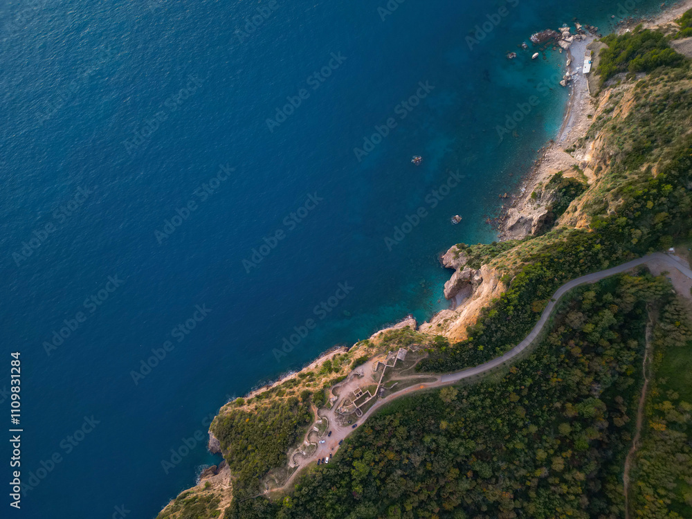 Blue sea and green coast top view, background wallpaper - aerial photo drone Blue sea and green coast top view, background wallpaper - aerial photo drone
