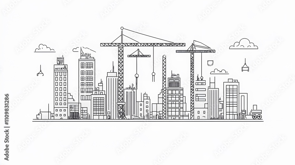 Fototapeta premium Cityscape Under Construction Cranes Buildings Skyline