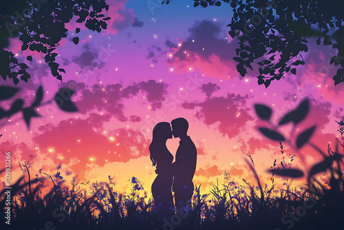 A romantic silhouette of a couple against a vibrant sunset sky filled with stars.