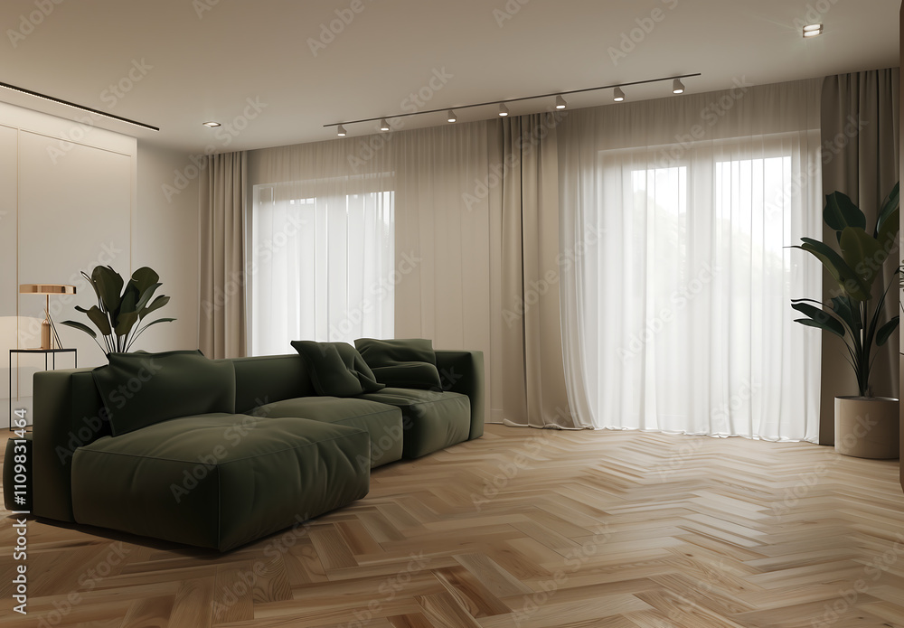 Fototapeta premium Modern living room with green modular sofa, herringbone flooring, and soft natural light filtering through sheer curtains
