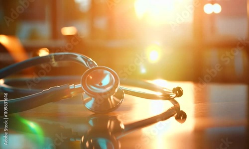Serene Medical Scene: Stethoscope in Sunlit Healthcare Environment at Sunrise
