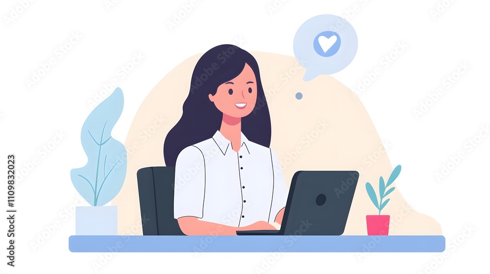 Woman Working on Laptop with Heart Shaped Icon Woman Working on Laptop with Heart Shaped Icon