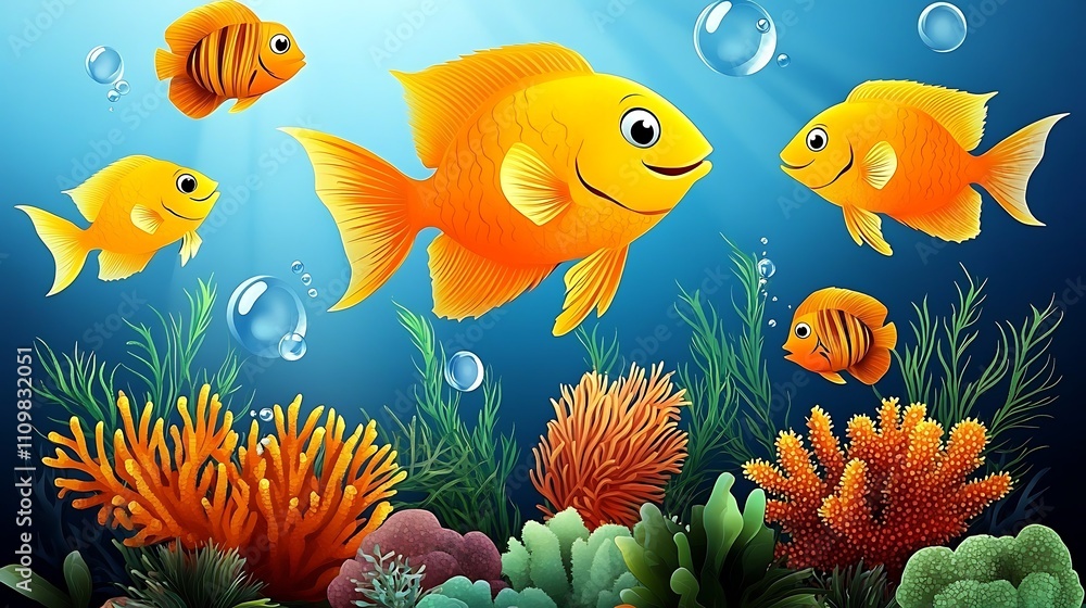 Fototapeta premium Happy orange fish swimming in vibrant coral reef underwater scene.