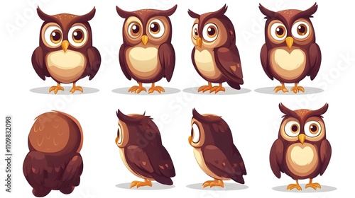 Eight Views of a Brown Cartoon Owl