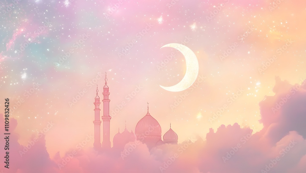 Peaceful Mosque Silhouette Under Crescent Moon and Stars Peaceful Mosque Silhouette Under Crescent Moon and Stars