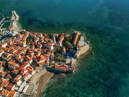 ancient european seaside town - aerial drone shot, budva photo