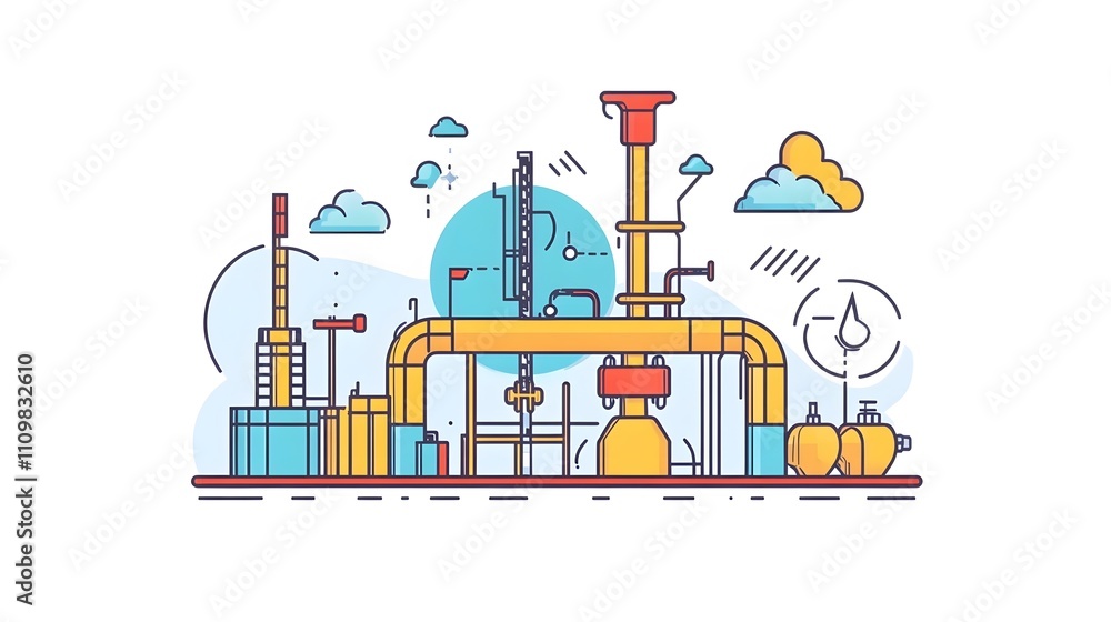 Fototapeta premium Industrial Refinery Plant Pipes And Equipment Illustration