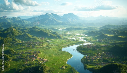 Aerial view of the Chinese countryside with rice fields, mountains, and a river