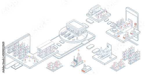 Smart warehouse logistics combines automated robots and systems to efficiently manage inventory flow and operations. Vector illustration EPS 10