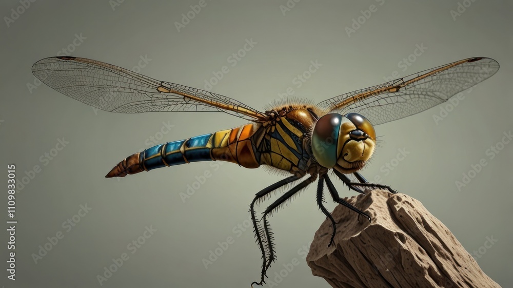 Vibrant dragonfly perched on weathered wood against a muted background.