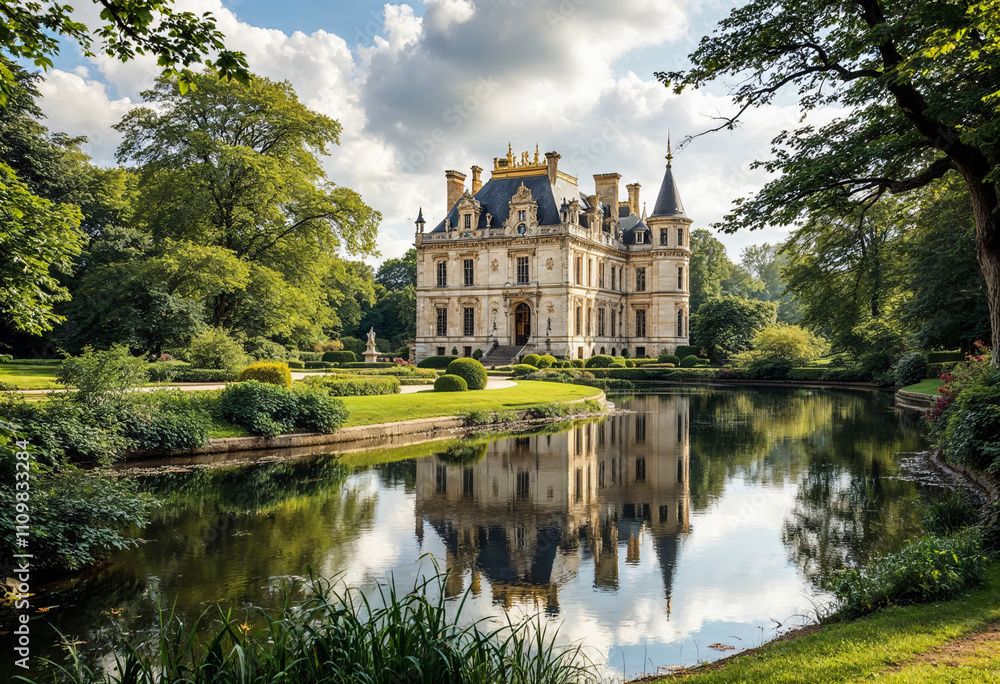 Beautiful historic castle reflected in calm water surrounded by lush greenery in a serene park setting on a sunny day Beautiful historic castle reflected in calm water surrounded by lush greenery in a serene park setting on a sunny day