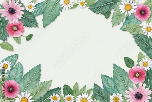 Watercolor Seamless Border of Soft Mint Leaves, Fairy Flowers, Daisies, and Poppies for Child-Friendly Invitations and Nursery Decor