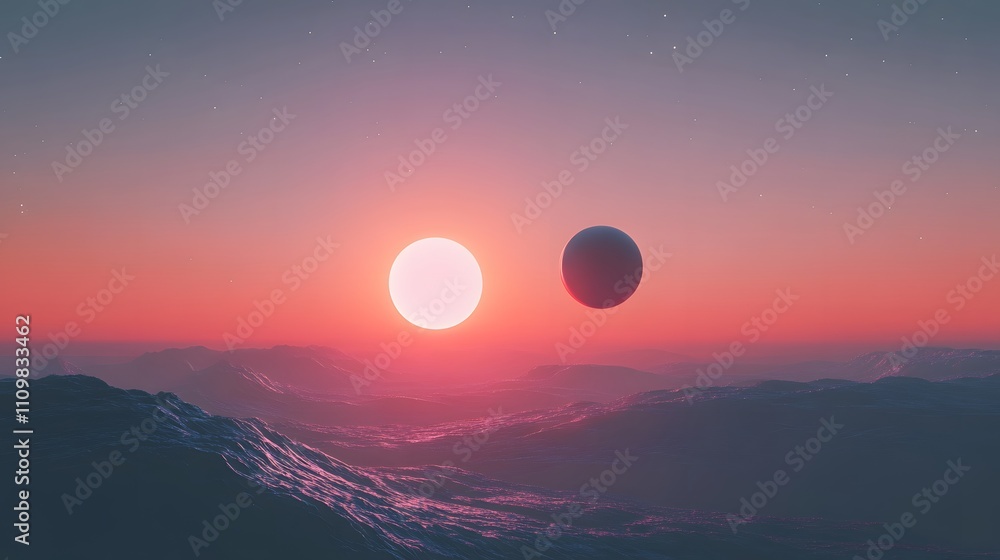 Alien Planet Sunset With Two Celestial Bodies Alien Planet Sunset With Two Celestial Bodies